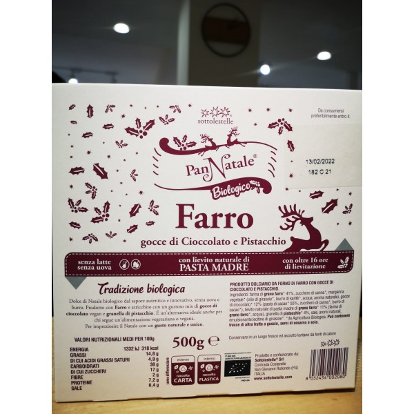 Dolce Pan Natale Vegano di Farro con Cioccolato e Pistacchio 500g Sottolestelle