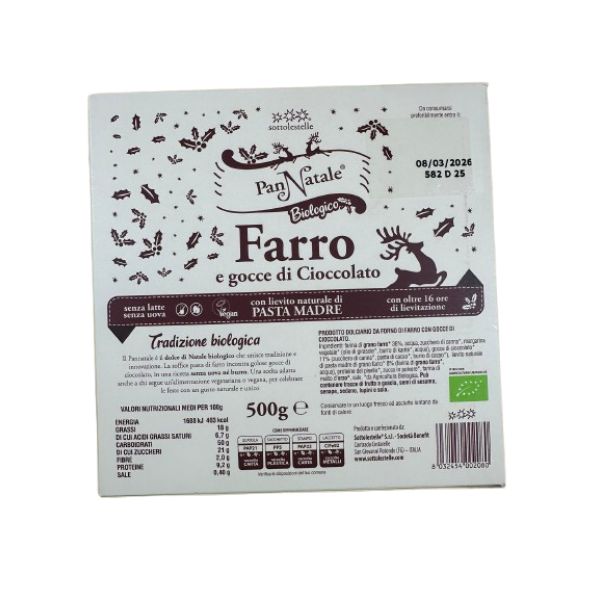 Dolce Pan Natale Vegano di Farro con Cioccolato senza latte e uova 500g Sottolestelle